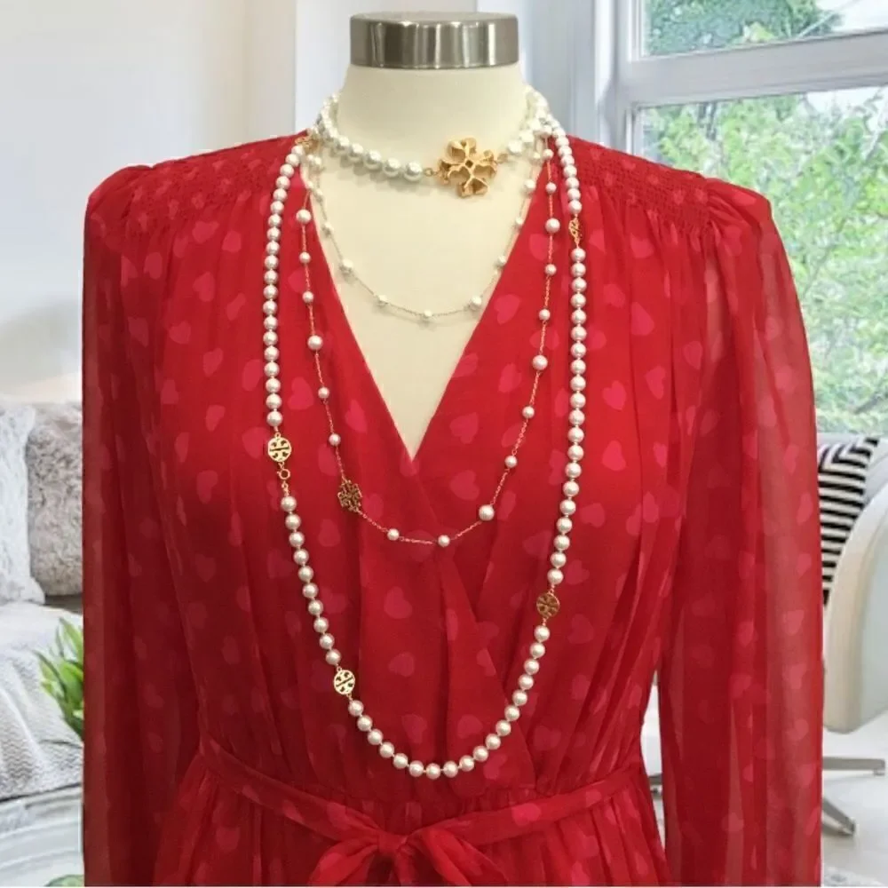 TORY BURCH PEARLS LOGO LONG NECKLACE